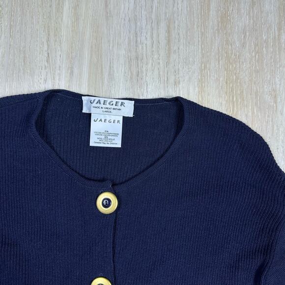Vintage Jaeger Wool Blend Button Front Navy Classic Cardigan Sweater Large - Picture 3 of 13
